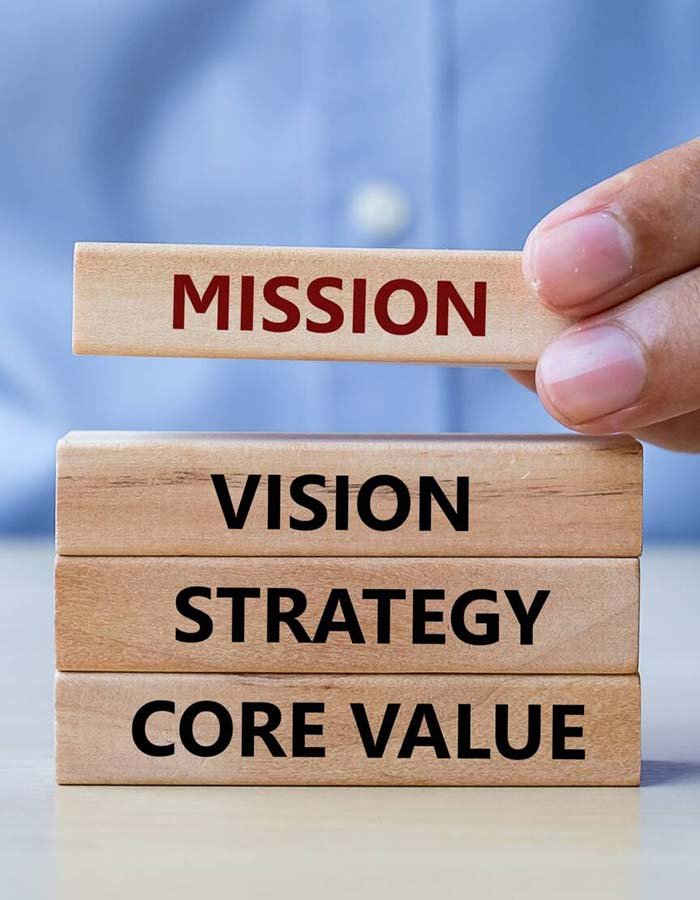 Wooden blocks labelled Mission, Vision, Strategy and Core Value